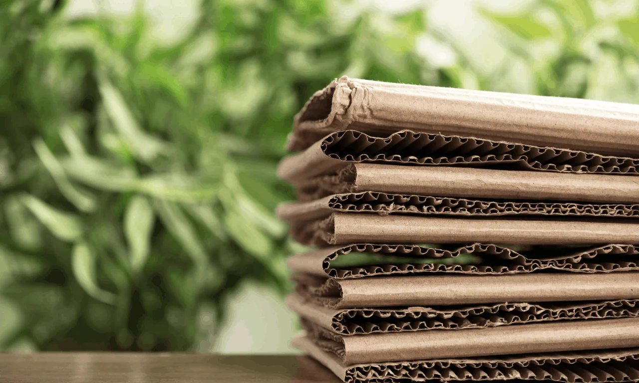 Une pile de sacs en kraft avec un fond de verdure