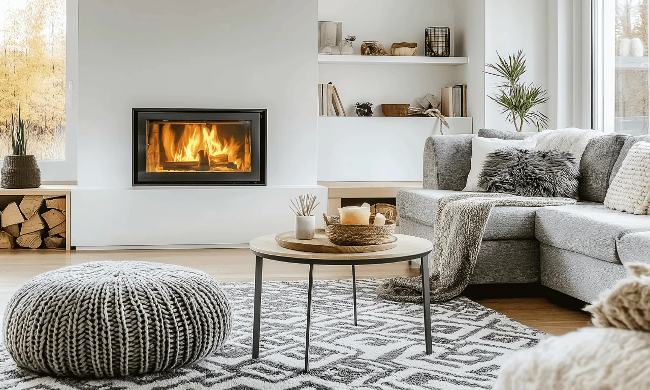 Une cheminée dans un salon moderne avec un insert à bois. 